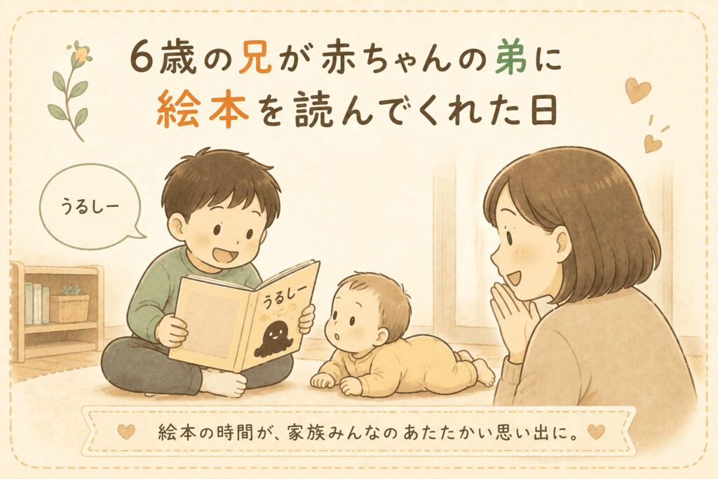 6歳の長男が、赤ちゃんの次男に絵本を読んで聞かせている場面のイラスト。母親がその様子をうれしそうに見ている