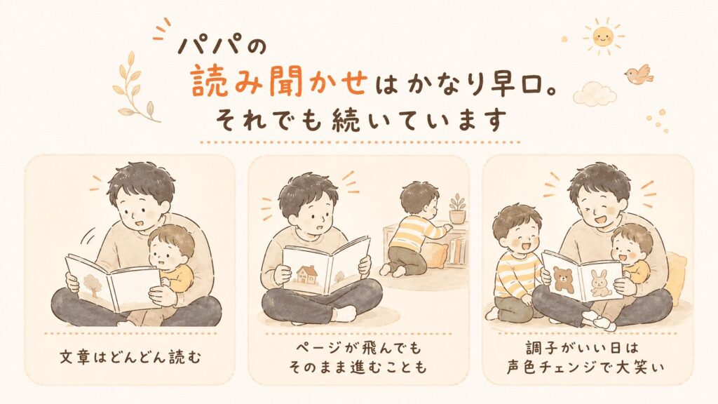 早口で絵本を読むパパと、声色を変えて子どもたちを笑わせる様子の漫画